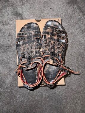 Bed|Stu Claire Black + Copper Leather Gladiator Sandals